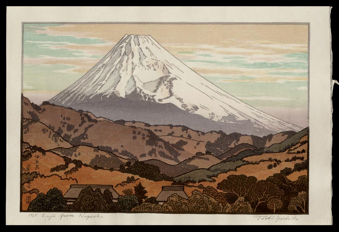 Toshi Yoshida - Japanese Print: Artist: Yoshida, Toshi, 1911-1995 Title: Mt. Fuji from Nagaoka Date: 1962 Medium: woodblock Dimensions: 8 x 12 1/8 inches Notes: Posthumous printing; signed in the blo