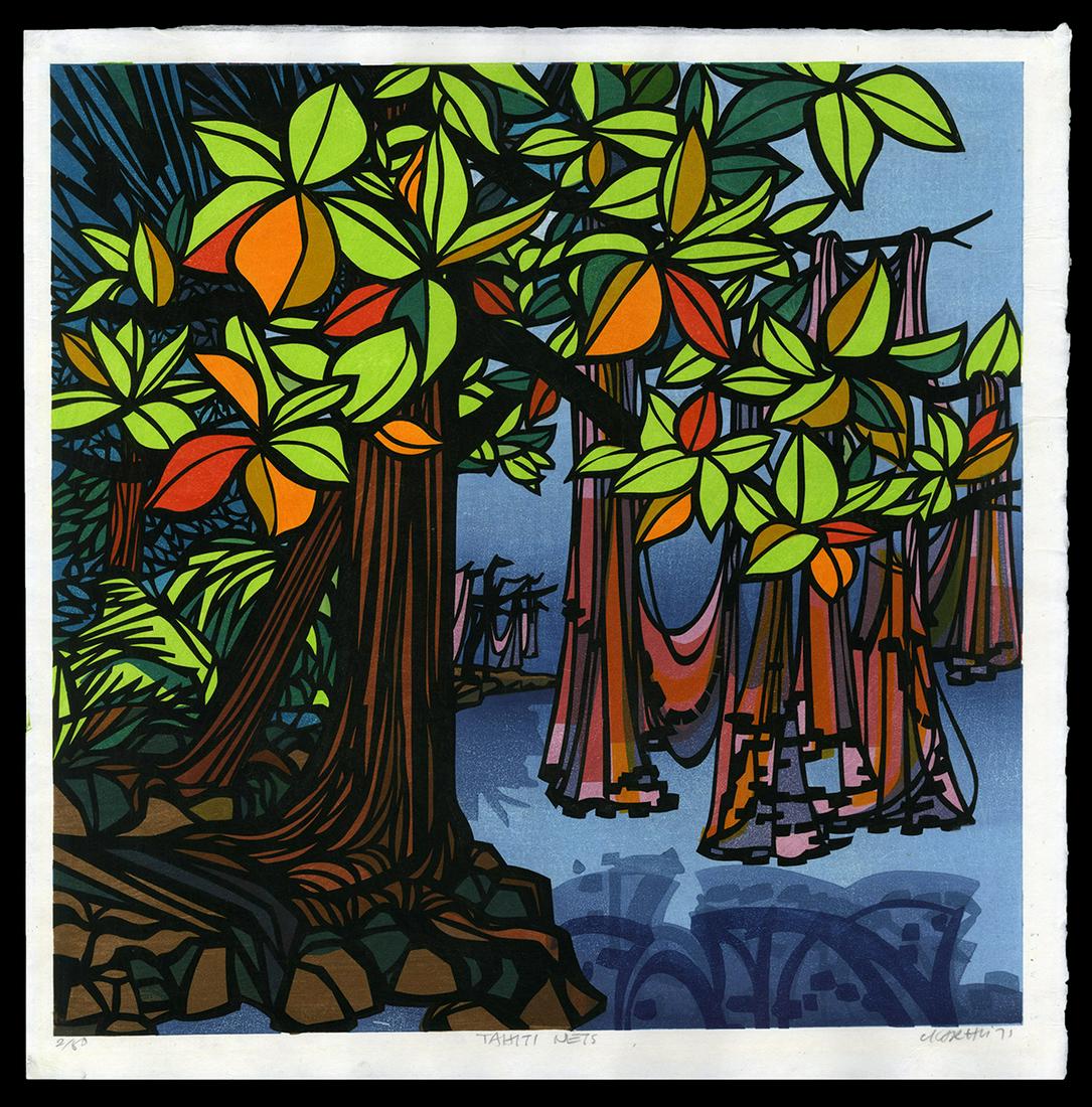 Karhu Woodblock - Tahiti Nets, 2/50, 1971: Artist: Karhu, Clifton, 1927-2007 Title: Tahiti Nets Edition: 2/50 Date: 1971 Medium: woodblock Dimensions: 21 5/8 x 21 5/8 inches