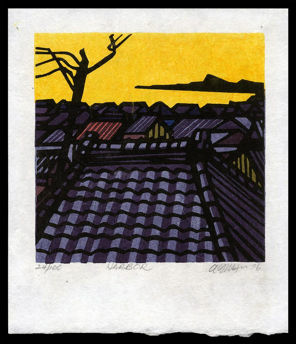 Karhu Woodblock Print - Harbor, 24/100, 1976: Artist: Karhu, Clifton, 1927-2007 Title: Harbor Edition: 24/100 Date: 1976 Medium: woodblock Dimensions: 6 5/8 x 6 5/8 inches