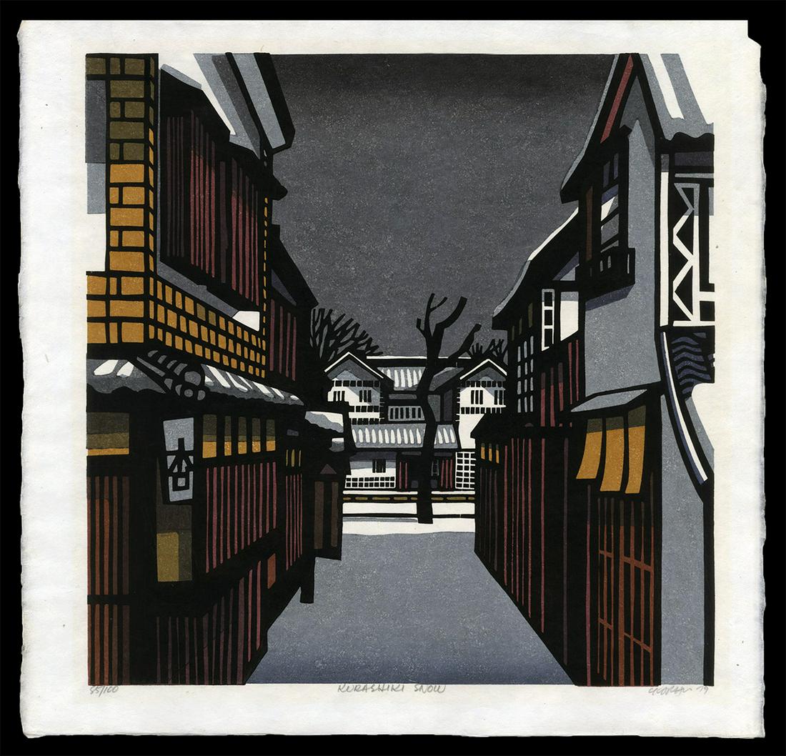 Karhu Woodblock - Kurashiki Snow, 85/100: Artist: Karhu, Clifton, 1927-2007 Title: Kurashiki Snow Edition: 85/100 Date: 1979 Medium: woodblock Dimensions: 15 3/4 x 15 3/4 inches