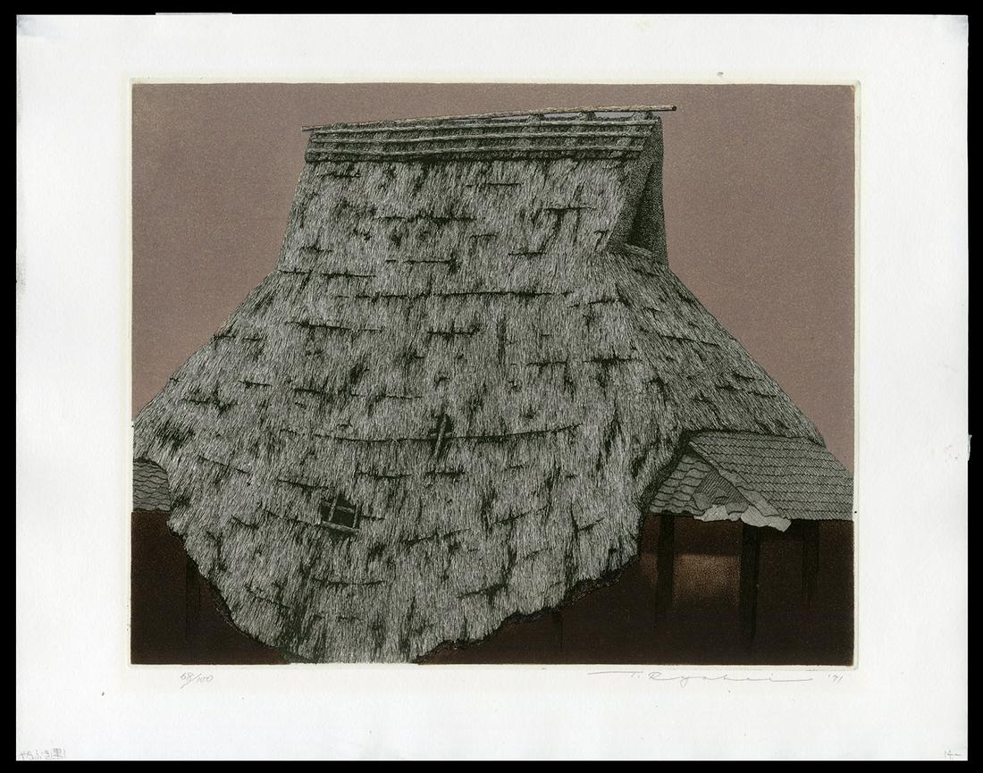 T. Ryohei Japanese Print - Thatched Roof, 1971: Artist: Tanaka, Ryohei, 1933-2019 Title: Thatched Roof (Black) Edition: 68/100 Date: 1971 Medium: etching and aquatint Dimensions: 9 1/4 x 11 3/8 inches Illu