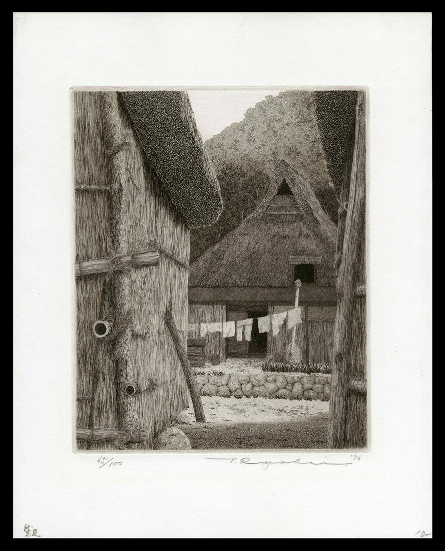 T. Ryohei Japanese Print - Washimi Village, 1976: Artist: Tanaka, Ryohei, 1933-2019 Title: Washimi Village Edition: 65/100 Date: 1976 Medium: etching and aquatint Dimensions: 8 x 6 1/2 inches Illustrated:
