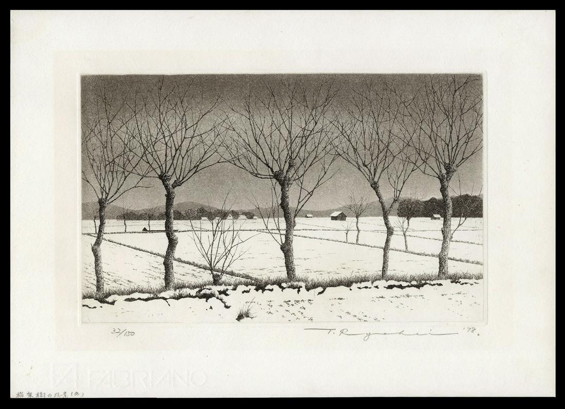 T. Ryohei Japanese Print - Trees in Rice Field, 1978: Artist: Tanaka, Ryohei, 1933-2019 Title: Trees in the Rice Field (Winter) Edition: 32/150 Date: 1978 Medium: etching and aquatint Dimensions: 5 3/4 x 9 1/4 inches
