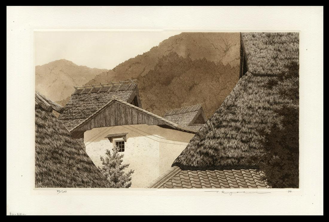 T. Ryohei Japanese Print - Miyama Roofs No. 2: Artist: Tanaka, Ryohei, 1933-2019 Title: Miyama Roofs No. 2 Edition: 80/100 Date: 1984 Medium: etching and aquatint Dimensions: 10 5/8 x 17 7/8 inches Illust