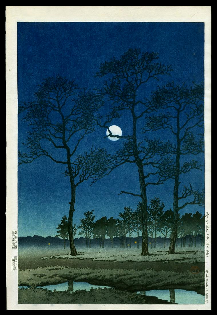 Kawase Hasui Woodblock: Winter Moon Toyamagahara: Artist: Hasui, Kawase, 1883-1957 Title: Winter Moon at Toyamagahara Date: 1931 Medium: woodblock Dimensions: 14 1/4 x 9 1/2 inches Illustrated: Hasui, pl. 260 <