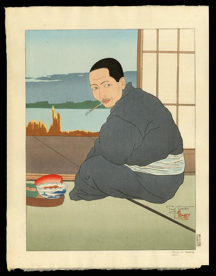 Paul Jacoulet Woodblock - Pecheur De Sawara, Japon: Artist: Jacoulet, Paul, 1902-1960 Title: Pecheur De Sawara. Japon Edition: 183/350 Date: 1936 Medium: woodblock Dimensions: 15 3/4 x 11 3/4 inches Illustrate