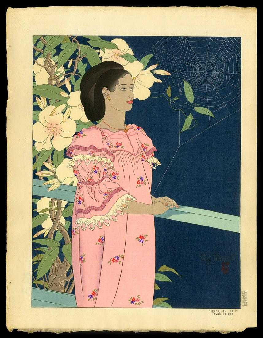 Paul Jacoulet Woodblock - Fleurs De Soir Truck - Toloas: Artist: Jacoulet, Paul, 1902-1960 Title: Fleurs De Soir Truck - Toloas Edition: 108/350 Date: 1941 Medium: woodblock Dimensions: 15 1/4 x 11 5/8 inches Illus