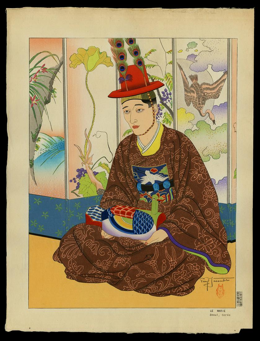 Paul Jacoulet Woodblock - Le Marie (Korean Groom): Artist: Jacoulet, Paul, 1902-1960 Title: Le Marie. Seoul, Coree Edition: 26/350 Date: 1950 Medium: woodblock Dimensions: 15 3/8 x 11 5/8 inches Illustrated:<