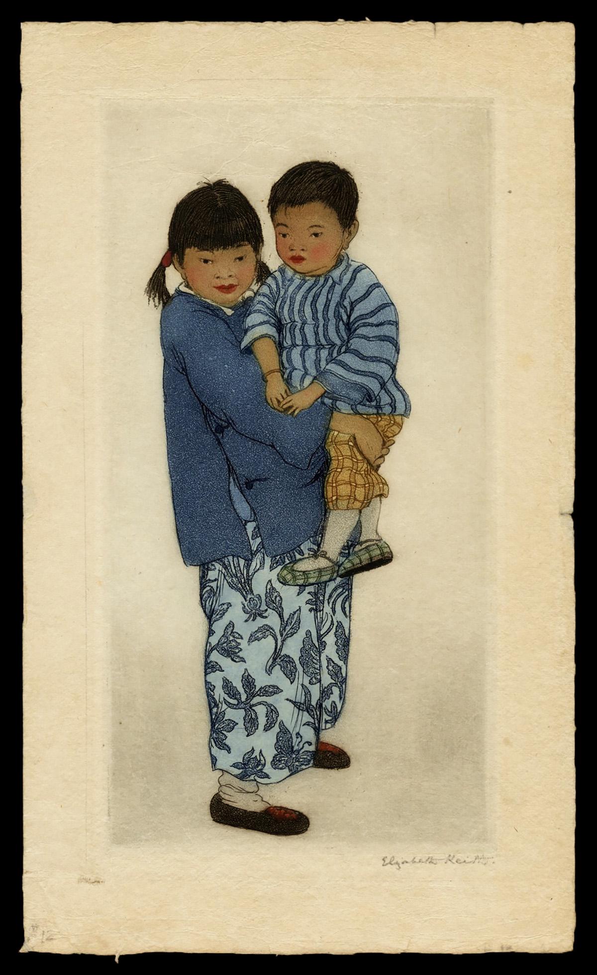Elizabeth Keith Etching - Chinese Children: Artist: Keith, Elizabeth, 1887-1956 Title: Chinese Children Date: 1936 Medium: color etching Dimensions: 10 1/4 x 5 inches Illustrated: Keith, pl. 38 Notes:<