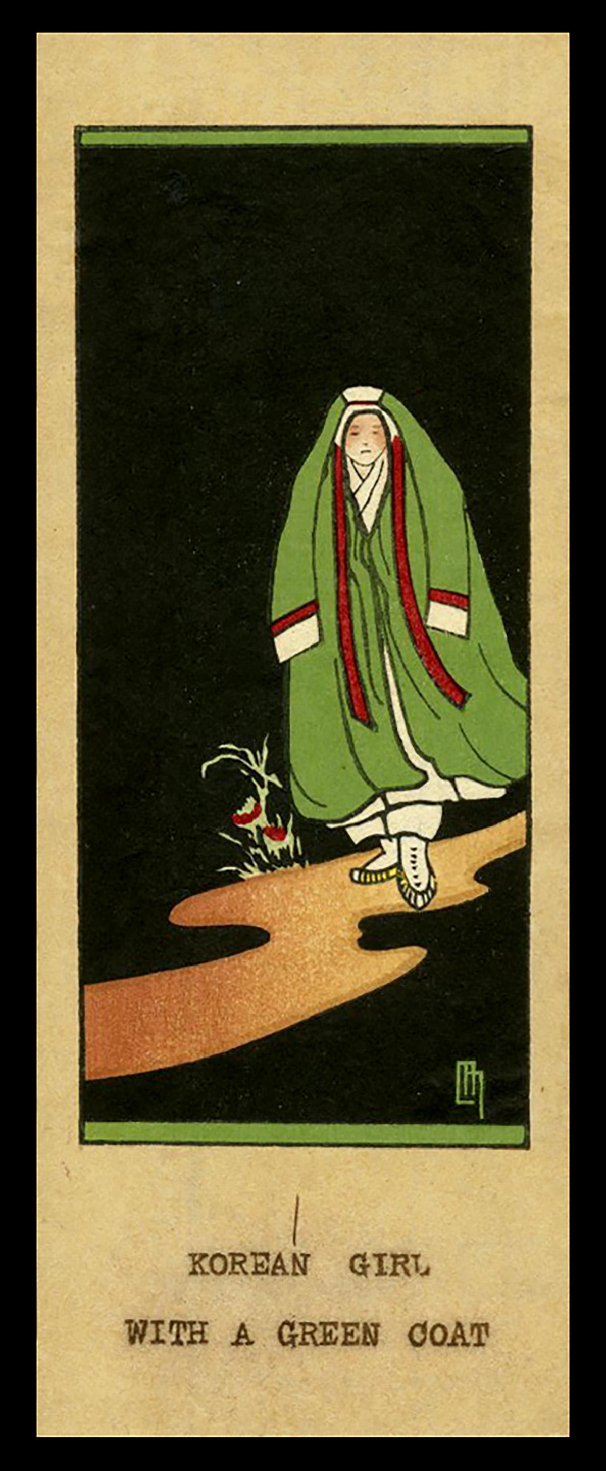 Lilian Miller Woodblock - Korean Girl With A Green Coat: Artist: Miller, Lilian May, 1895-1943 Title: Korean Girl with a Green Coat Date: undated Medium: woodblock Dimensions: 5 x 2 1/4 inches Illustrated: Miller, fig. 10d