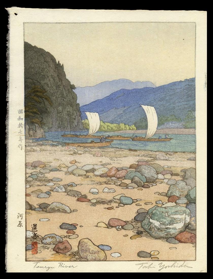Toshi Yoshida Woodblock - Tenryu River: Artist: Yoshida, Toshi, 1911-1995 Title: Tenryu River Date: 1942 Medium: woodblock Dimensions: 9 1/2 x 6 3/4 inches Notes: Pencil signed