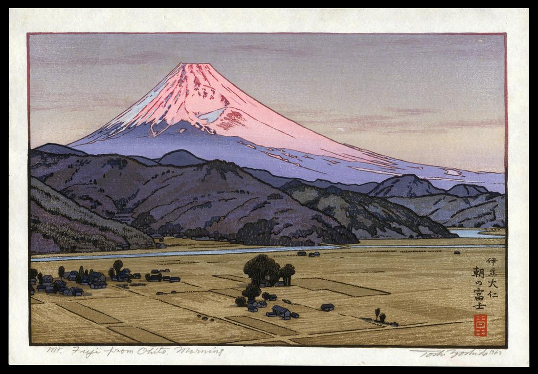 Toshi Yoshida Woodblock - Mt. Fuji from Ohito: Artist: Yoshida, Toshi, 1911-1995 Title: Mt. Fuji from Ohito, Morning Date: 1962 Medium: woodblock Dimensions: 8 1/8 x 12 3/8 inches Notes: Pencil signed