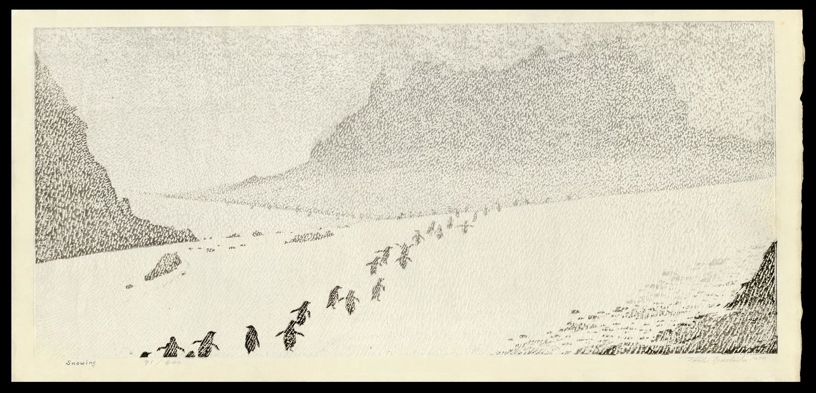 Toshi Yoshida Woodblock - Penguins in Snow: Artist: Yoshida, Toshi, 1911-1995 Title: Snowing Edition: 91/600 Date: 1977 Medium: woodblock Dimensions: 10 1/2 x 23 1/2 inches Notes: Pencil signed