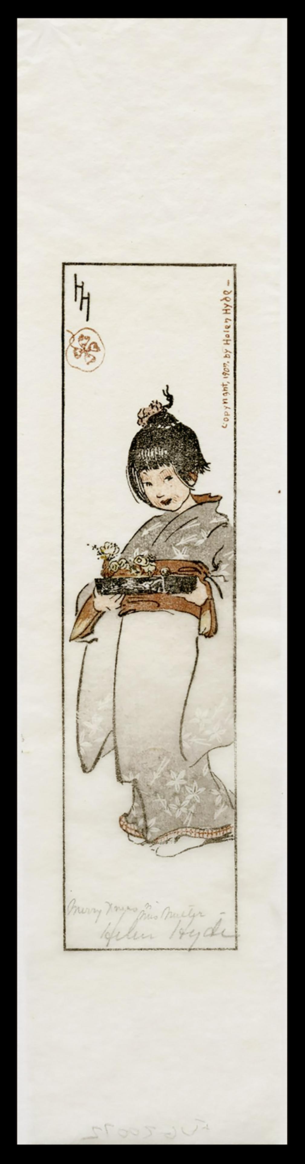 Helen Hyde Woodblock - Happiness Flower: Artist: Hyde, Helen, 1868-1919 Title: Happiness Flower Date: 1907 Medium: woodblock Dimensions: 6 3/4 x 1 3/4 inches Illustrated: Hyde, cat. 73 Notes: Es