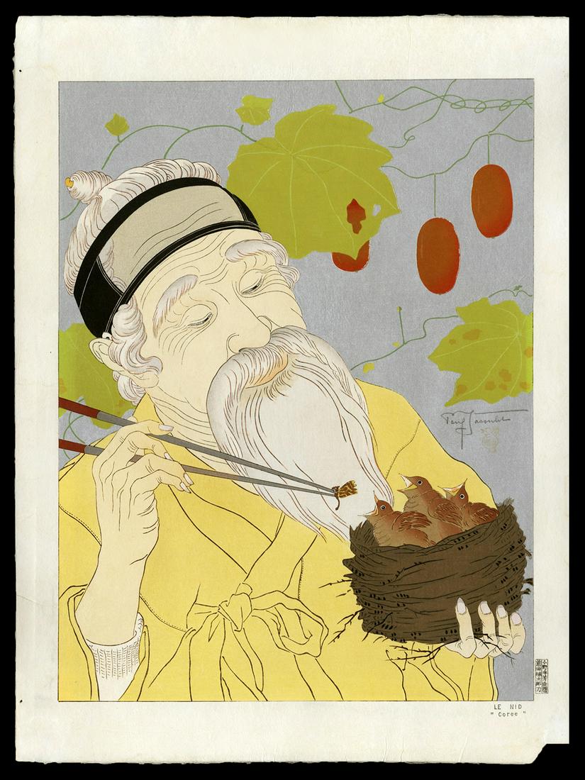 Paul Jacoulet Woodblock - Le Nid. Coree: Artist: Jacoulet, Paul, 1902-1960 Title: Le Nid. Coree Edition: PJ Seal Date: 1941 Medium: woodblock Dimensions: 15 1/2 x 11 3/4 inches Illustrated: Mile