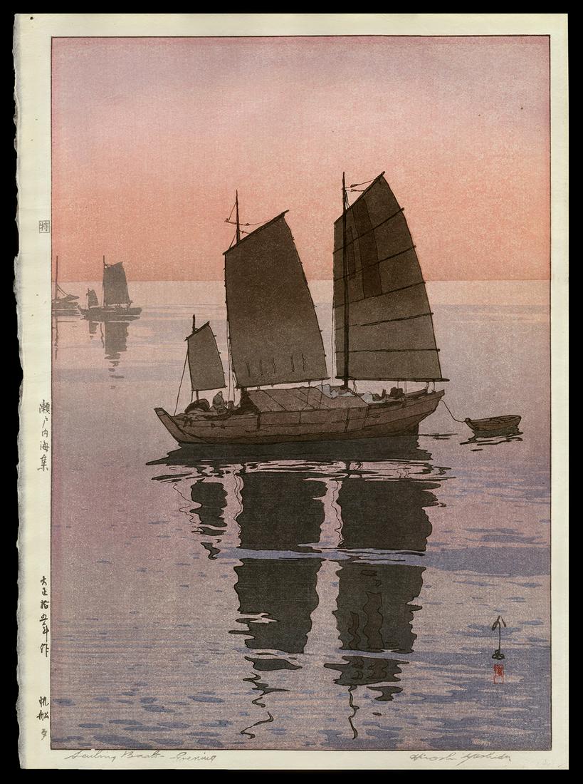 Hiroshi Yoshida Woodblock - Sailing Boats: Evening: Artist: Yoshida, Hiroshi, 1876-1950 Title: Sailing Boats - Evening Series: Inland Sea Date: 1926 Medium: woodblock Dimensions: 19 7/8 x 14 inches Illustrated