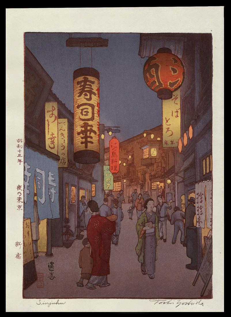 Toshi Yoshida Woodblock - Shinjuku: Artist: Yoshida, Toshi, 1911-1995 Title: Shinjuku Date: 1938 Medium: woodblock Dimensions: 9 3/4 x 6 5/8 inches Notes: Posthumous printing; block signature
