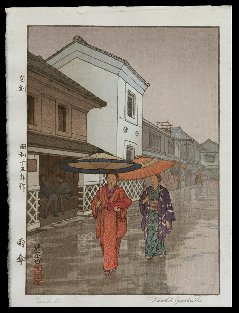 Toshi Yoshida Woodblock - Umbrella: Artist: Yoshida, Toshi, 1911-1995 Title: Umbrella Date: 1940 Medium: woodblock Dimensions: 9 1/4 x 6 5/8 inches Notes: Posthumous printing; block signature