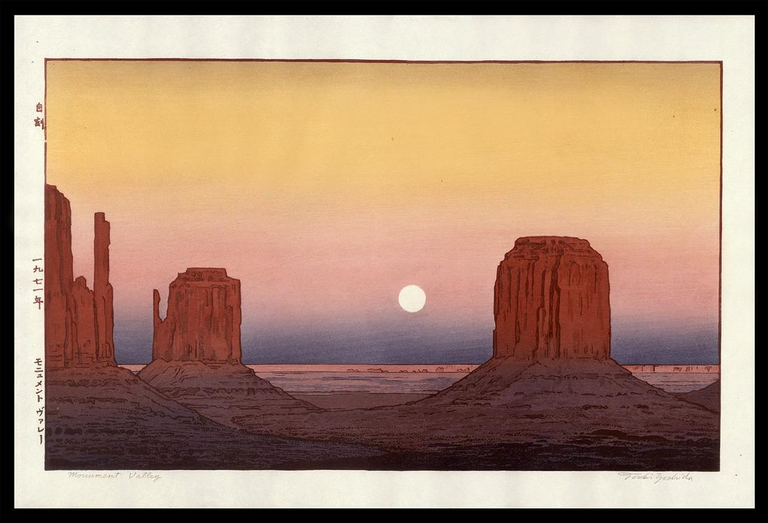 Toshi Yoshida Woodblock - Monument Valley: Artist: Yoshida, Toshi, 1911-1995 Title: Monument Valley Date: 1971 Medium: woodblock Dimensions: 11 3/4 x 19 1/2 inches Notes: Posthumous printing; block signature