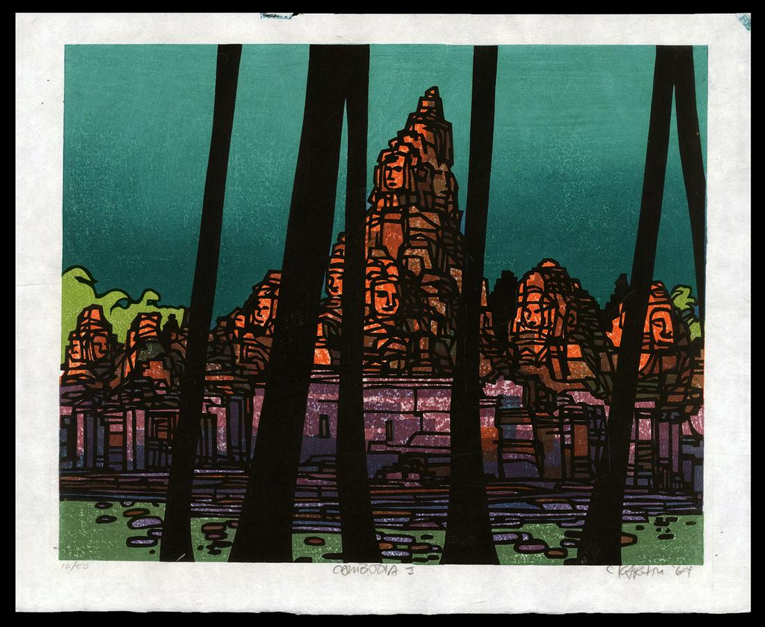 Clifton Karhu Woodblock - Cambodia J: Artist: Karhu, Clifton, 1927-2007 Title: Cambodia J Edition: 10/50 Date: 1969 Medium: woodblock Dimensions: 12 7/8 x 15 7/8 inches