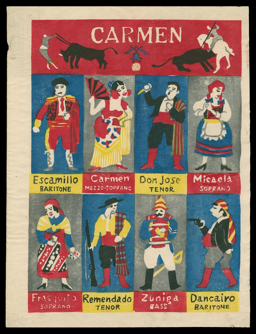 Hide Kawanishi Woodblock - Carmen Toy Print: Artist: Kawanishi, Hide, 1894-1965 Title: Carmen Toy Print Date: 1933 Medium: woodblock Dimensions: 14 x 10 1/8 inches Notes: Label tipped to reverse translates to self