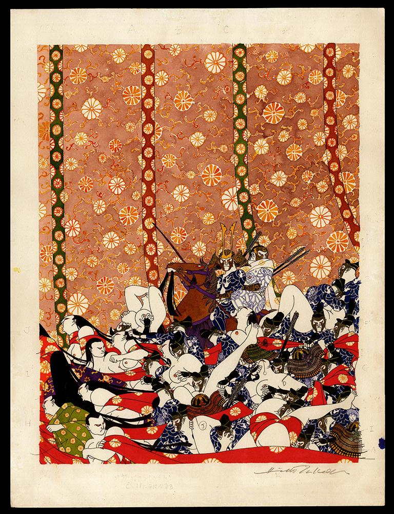 Hideo Takeda Watercolor - Kiso Yoshinaka Enters Kyoto: Artist: Takeda, Hideo, b. 1948 Title: Kiso Yoshinaka Enters Kyoto Series: Genpei Date: c. 1980s Medium: watercolor and graphite Dimensions: 19 x 14 1/2 inches <