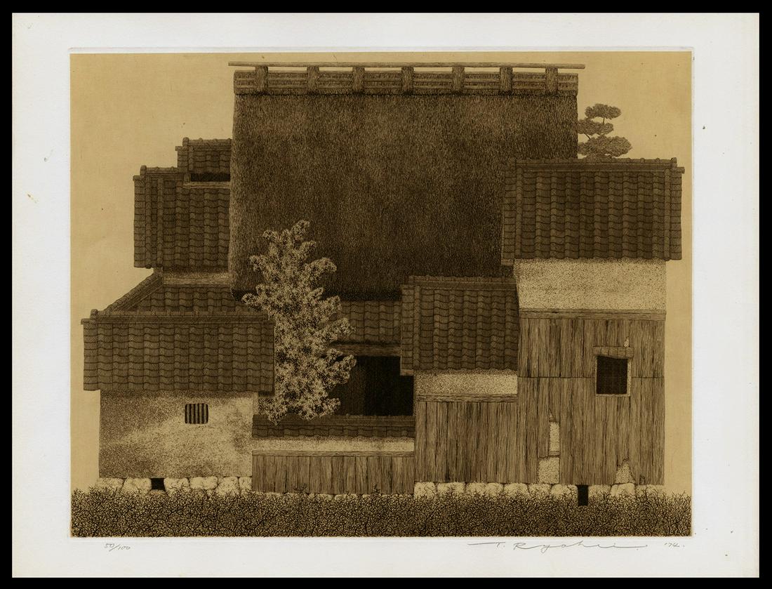 Ryohei Tanaka Etching - Thatched Roof No. 18: Artist: Tanaka, Ryohei, 1933-2019 Title: Thatched Roof No. 18 Edition: 50/100 Date: 1974 Medium: etching and aquatint Dimensions: 11 7/8 x 15 1/4 inches Illu