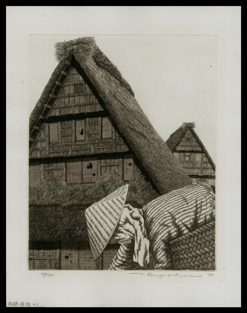 Ryohei Tanaka Etching - Roofs of Hida #5: Artist: Tanaka, Ryohei, 1933-2019 Title: Roofs of Hida #5 Edition: 45/100 Date: 1974 Medium: etching and aquatint Dimensions: 11 5/8 x 9 1/4 inches Illustrat