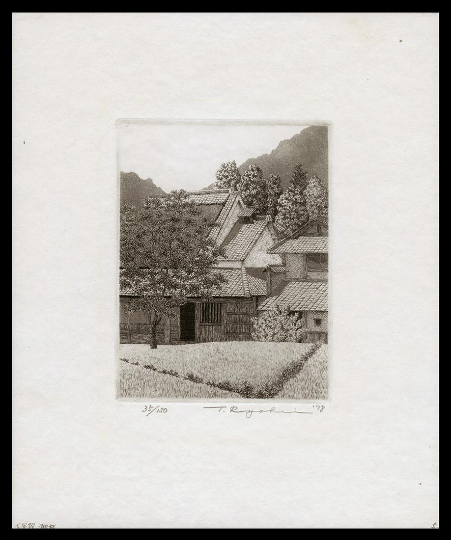 Ryohei Tanaka Etching - Ohuda, Early Autumn: Artist: Tanaka, Ryohei, 1933-2019 Title: Ohuda, Early Autumn Edition: 35/150 Date: 1978 Medium: etching and aquatint Dimensions: 5 x 3 3/4 inches Illustrated