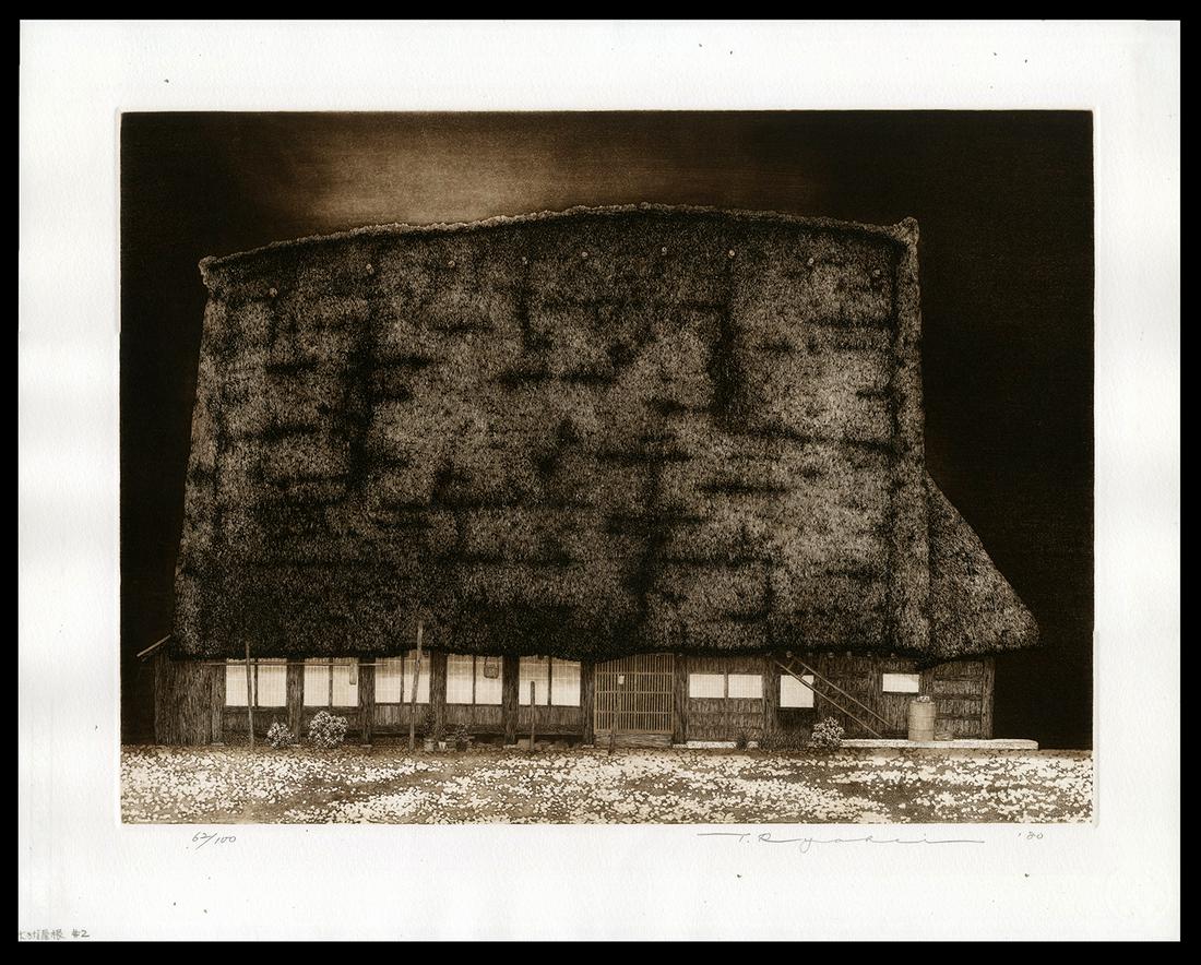 Ryohei Tanaka Etching - House with Thatched Roof: Artist: Tanaka, Ryohei, 1933-2019 Title: House with Thatched Roof Edition: 62/100 Date: 1980 Medium: etching Dimensions: 13 1/8 x 18 1/8 inches Illustrated:<