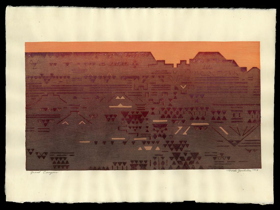 Toshi Yoshida Woodblock - Grand Canyon: Artist: Yoshida, Toshi, 1911-1995 Title: Grand Canyon Date: 1956 Medium: woodblock Dimensions: 10 7/8 x 19 5/8 inches Notes: Pencil signature Provenance: