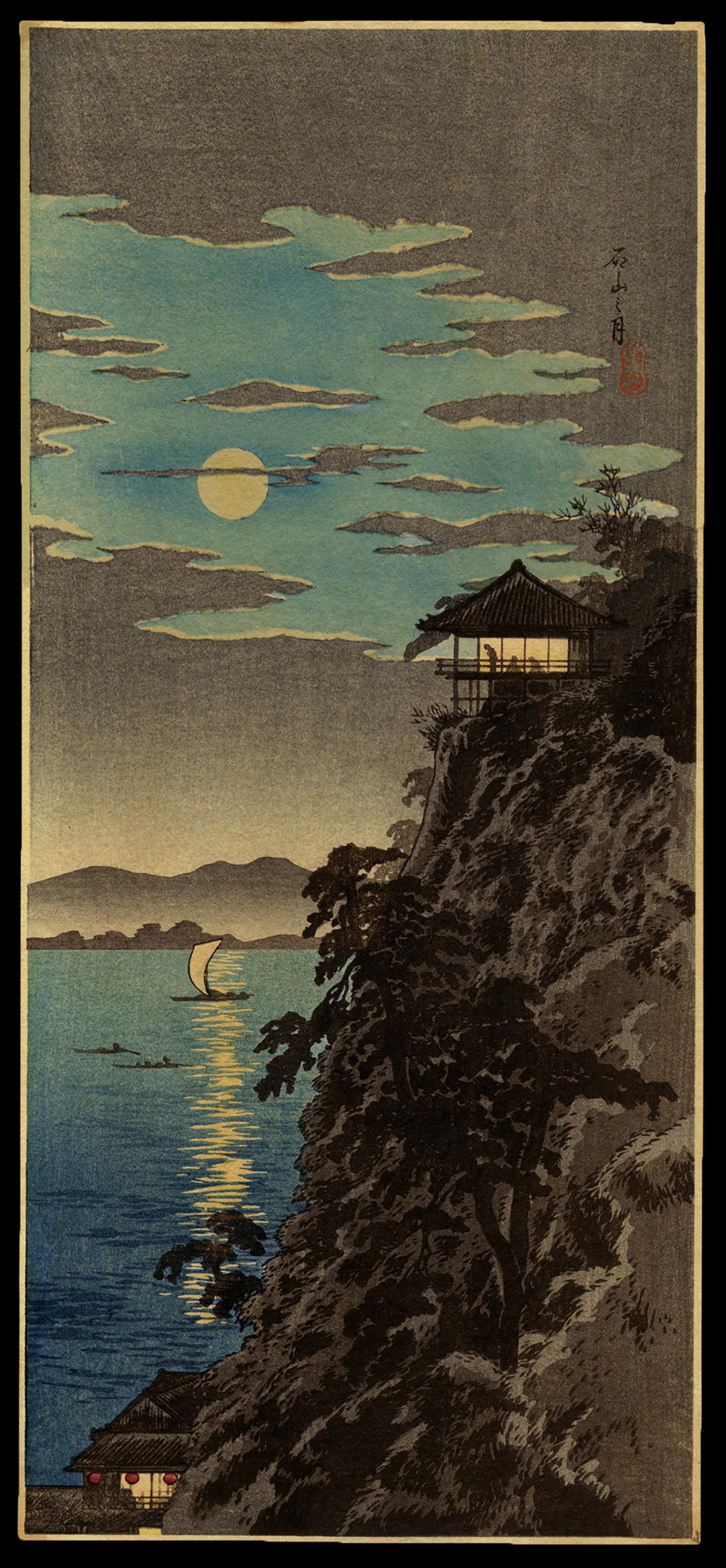 Shotei Hiroaki Woodblock - Moon at Ishiyama: Artist: Hiroaki, Shotei, 1871-1944 Title: Moon at Ishiyama, Lake Biwa Date: c. 1930s Medium: woodblock Image Size: 14 1/2 x 6 1/2 inches Illustrated: Shotei.com, pl. M-