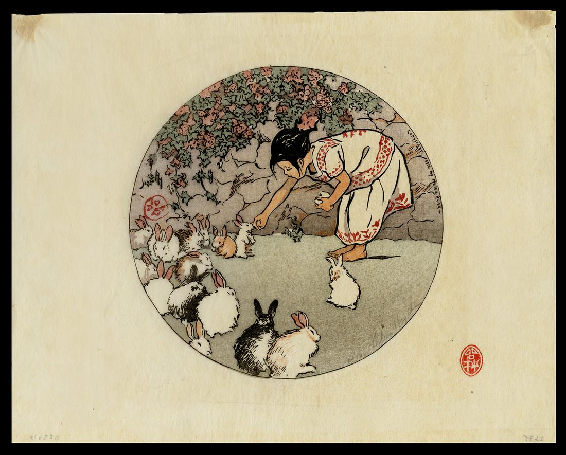 Helen Hyde Woodblock - Feeding the Bunnies: Artist: Hyde, Helen, 1868-1919 Title: Feeding the Bunnies Date: 1912 Medium: woodblock Image Size: 6 3/8 x 6 1/2 inches Illustrated: Hyde, pl. 92 Notes:
