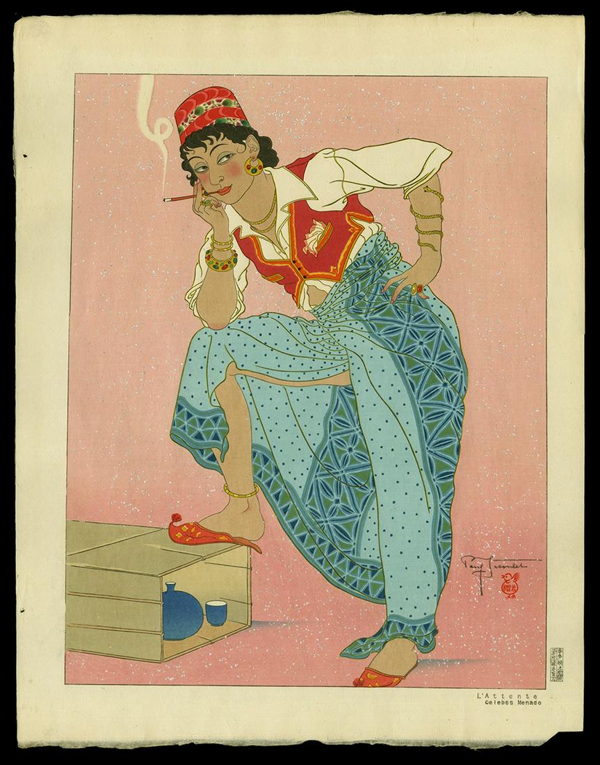 Jacoulet Woodblock - L'Attente. Celebe, Menado: Artist: Jacoulet, Paul, 1902-1960 Title: L'Attente. Celebe, Menado Edition: 197/350 Date: 1947 Medium: woodblock Image Size: 15 1/4 x 11 5/8 inches Illustrat