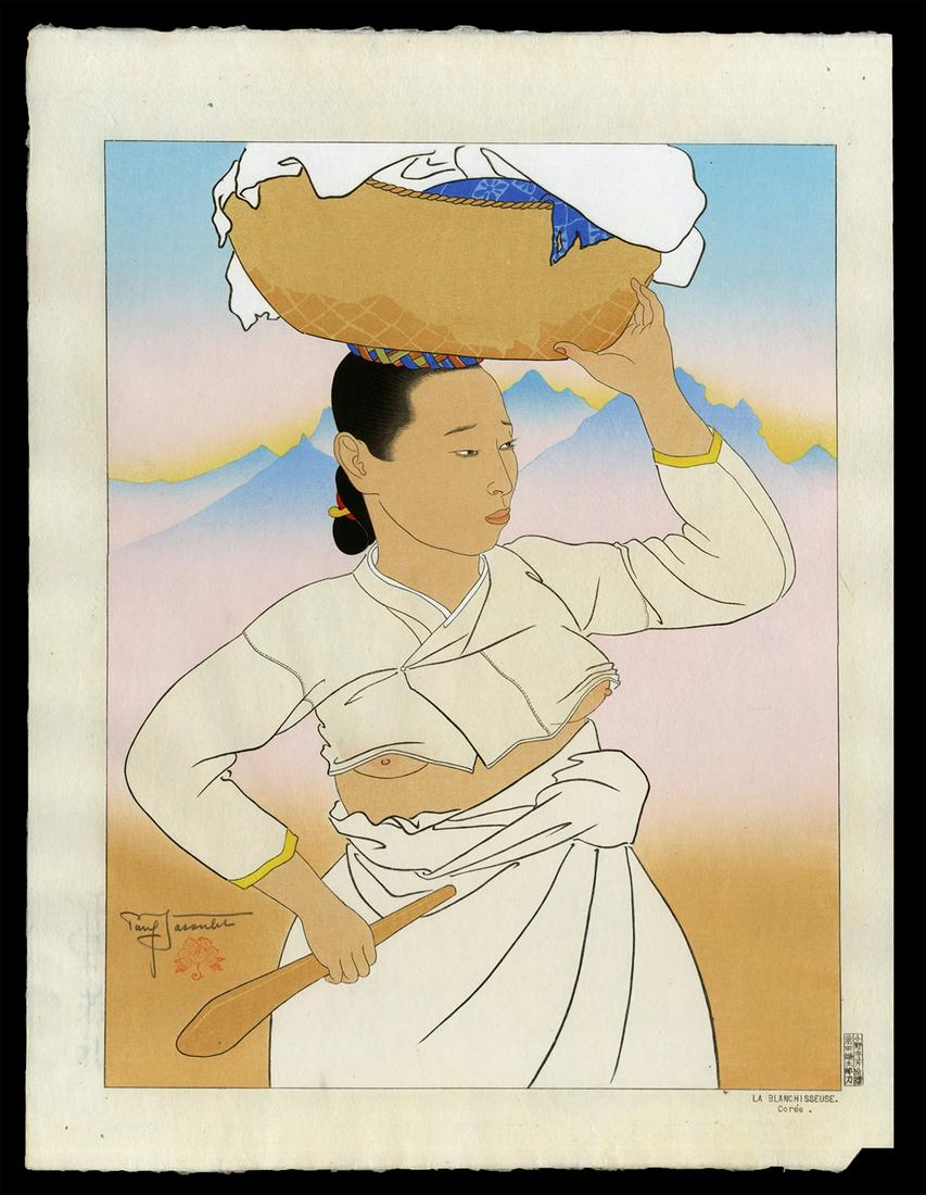 Paul Jacoulet Woodblock - La Blanchiesseuse. Coree: Artist: Jacoulet, Paul, 1902-1960 Title: La Blanchiesseuse. Coree Edition: PJ Seal Date: 1955 Medium: woodblock Image Size: 15 3/8 x 11 3/4 inches Illustrate