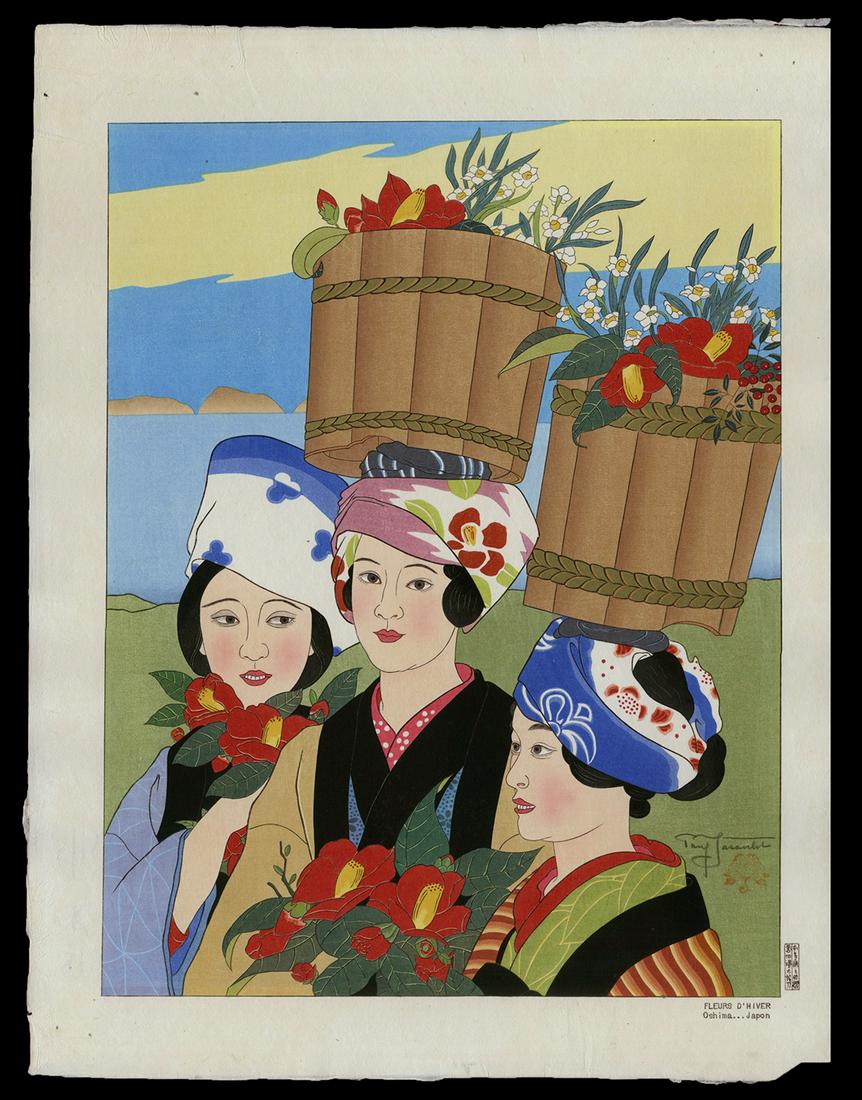 Paul Jacoulet Woodblock - Fleurs d'Hiver, Japon: Artist: Jacoulet, Paul, 1902-1960 Title: Fleurs d'Hiver, Oshima, Japon Edition: PJ Seal Date: 1955 Medium: woodblock Image Size: 15 3/8 x 11 3/4 inches Illus