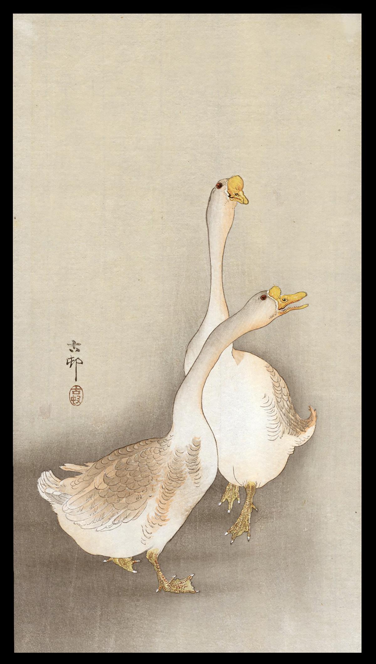Ohara Koson Woodblock - Two Geese: Artist: Koson, Ohara, 1877-1945 Title: Two Geese Date: c. 1910 Medium: woodblock Image Size: 13 1/4 x 7 1/4 inches Illustrated: CCC, pl. K11.3