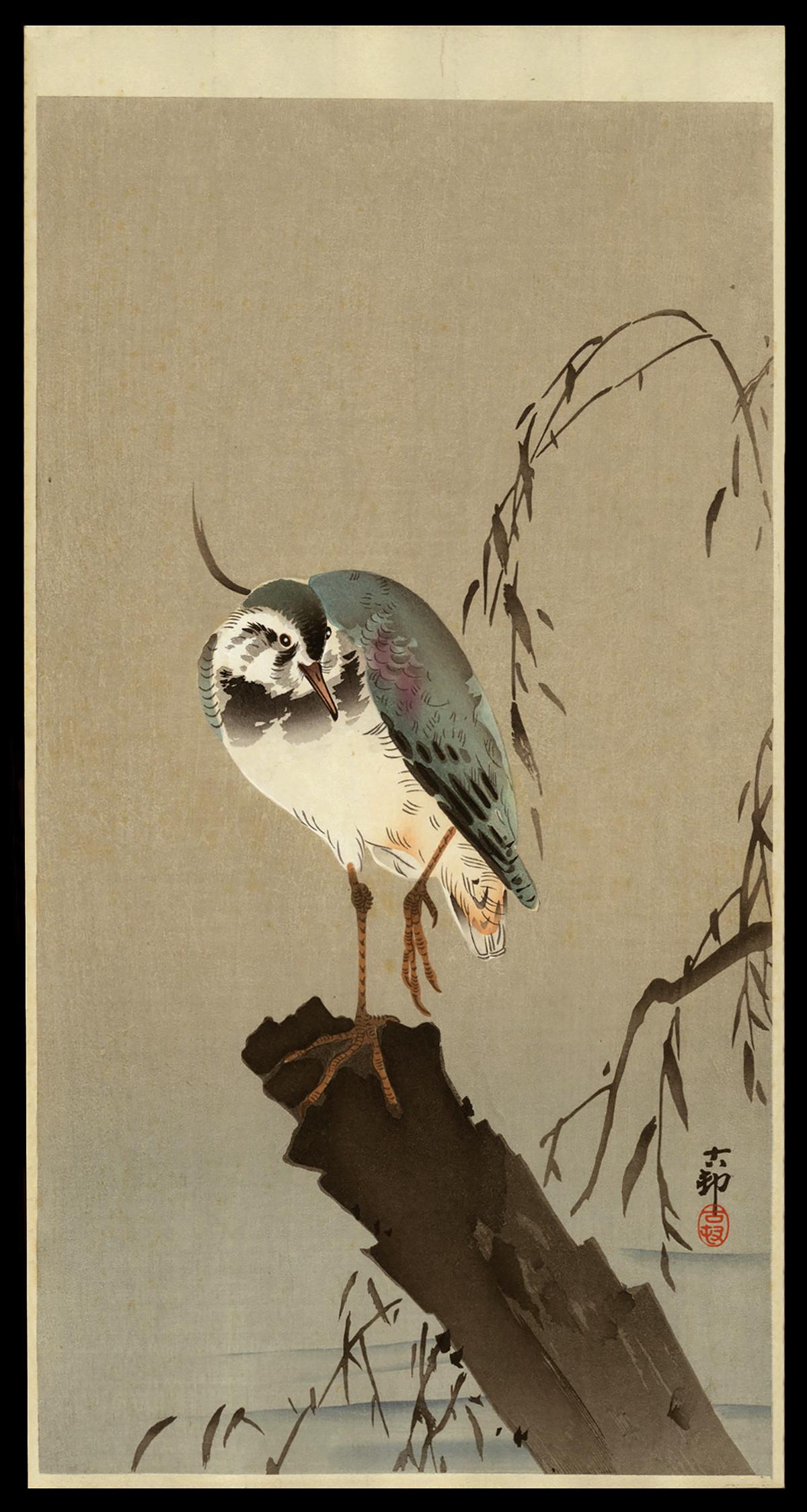 Ohara Koson Woodblock - Lapwing on Tree Stump: Artist: Koson, Ohara, 1877-1945 Title: Lapwing on Tree Stump Date: c. 1910 Medium: woodblock Image Size: 13 3/8 x 7 1/8 inches Illustrated: CCC, pl. K22.2