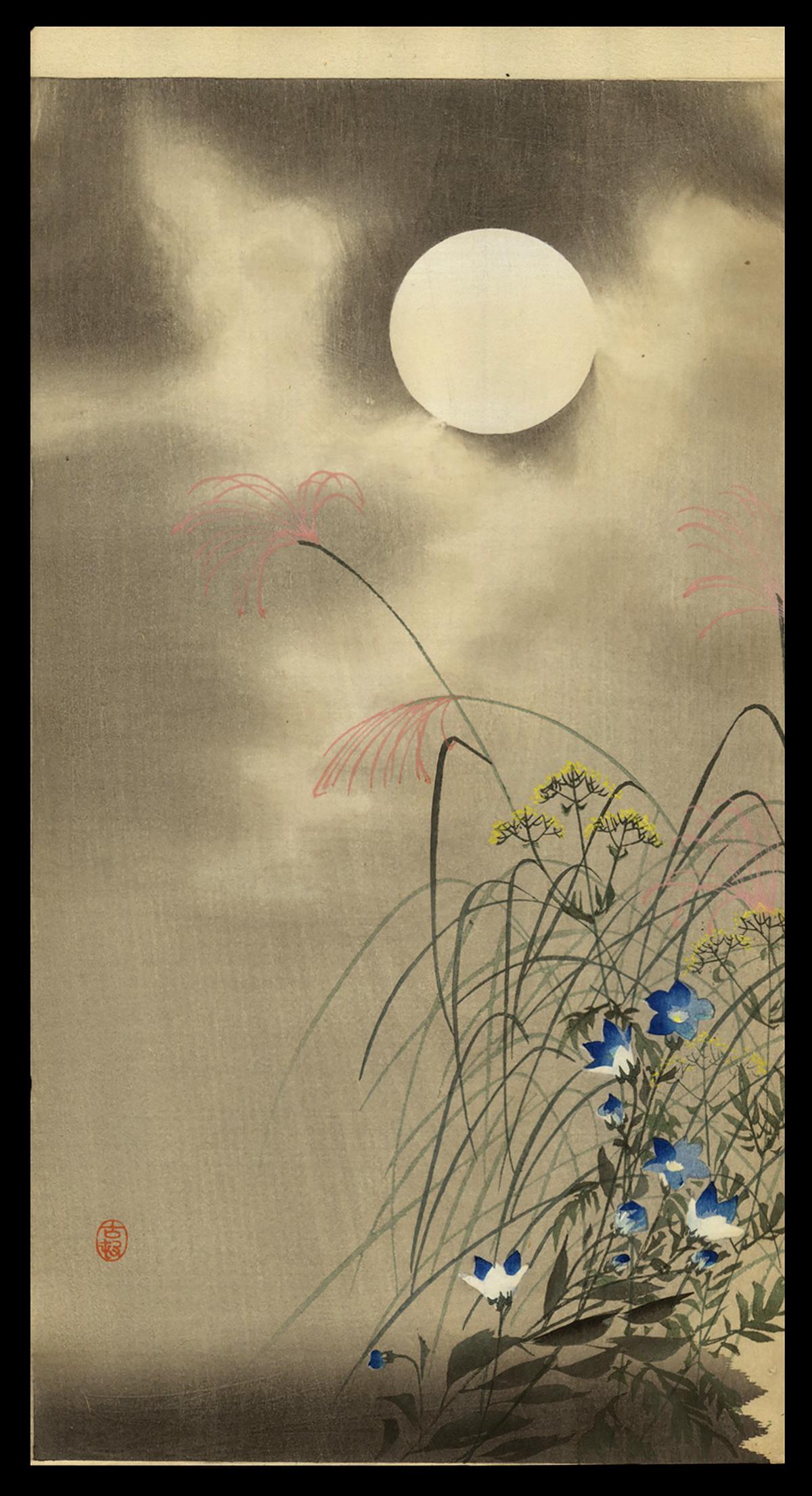 Koson Woodblock - Autumn Grasses, Flowers and Moon: Artist: Koson, Ohara, 1877-1945 Title: Autumn Grasses, Flowers and Moon Date: c. 1910 Medium: woodblock Image Size: 13 7/8 x 7 1/4 inches Illustrated: CCC, pl. 43.5