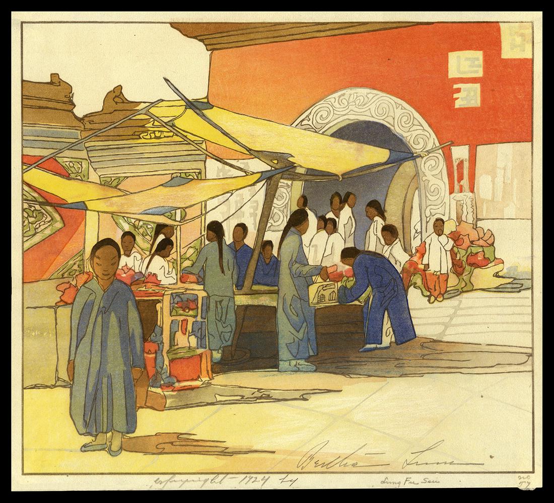 Lum Woodblock - Lung Fu Soo, Chinese Curio Market: Artist: Lum, Bertha, 1869-1954 Title: Lung Fu Soo, Chinese Curio Market Date: 1924 Medium: woodblock Image Size: 9 x 10 inches Illustrated: Lum, pl. 79 Notes