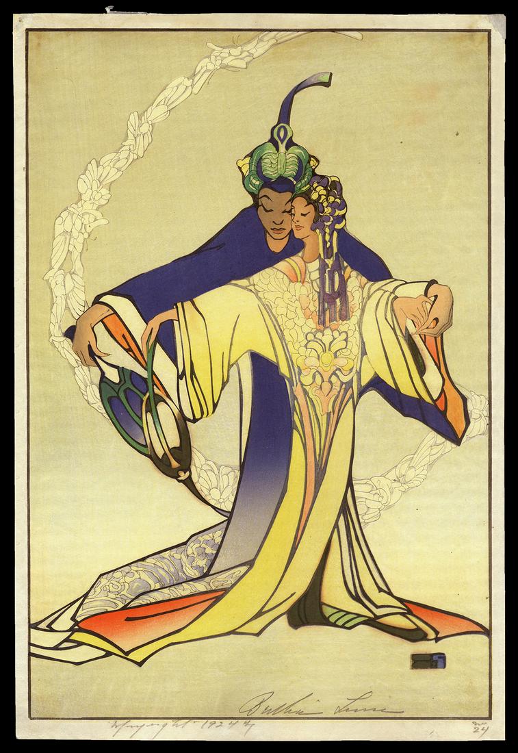 B. Lum Woodblock - Ming Huang and Yang Kuei Fei: Artist: Lum, Bertha, 1869-1954 Title: Ming Huang and Yang Kuei Fei Date: 1927 Medium: woodblock Image Size: 14 3/4 x 10 inches Illustrated: Lum, pl. 80 Notes
