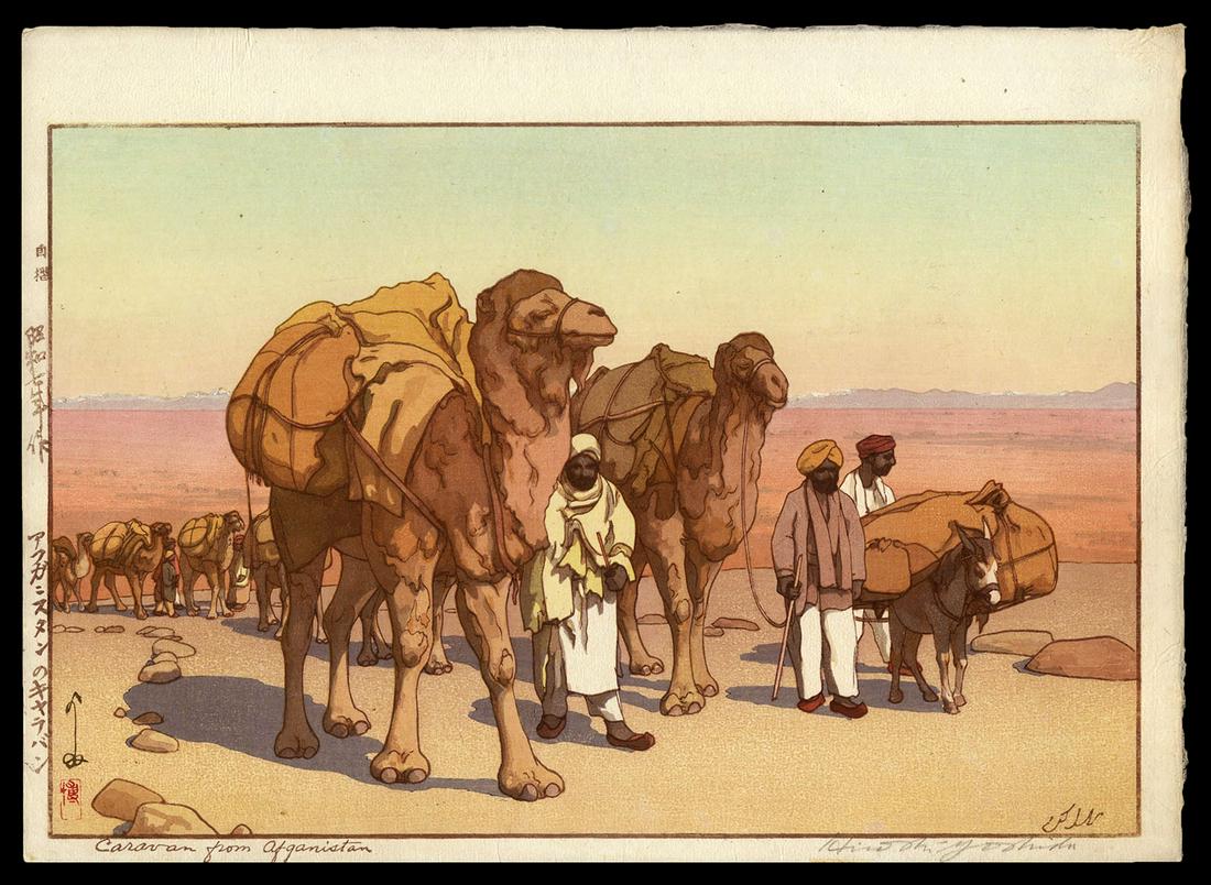 Yoshida Woodblock - Caravan from Afghanistan: Artist: Yoshida, Hiroshi, 1876-1950 Title: Caravan from Afghanistan Series: India and Southeast Asia Date: 1932 Medium: woodblock Image Size: 9 3/4 x 14 3/4 inches <