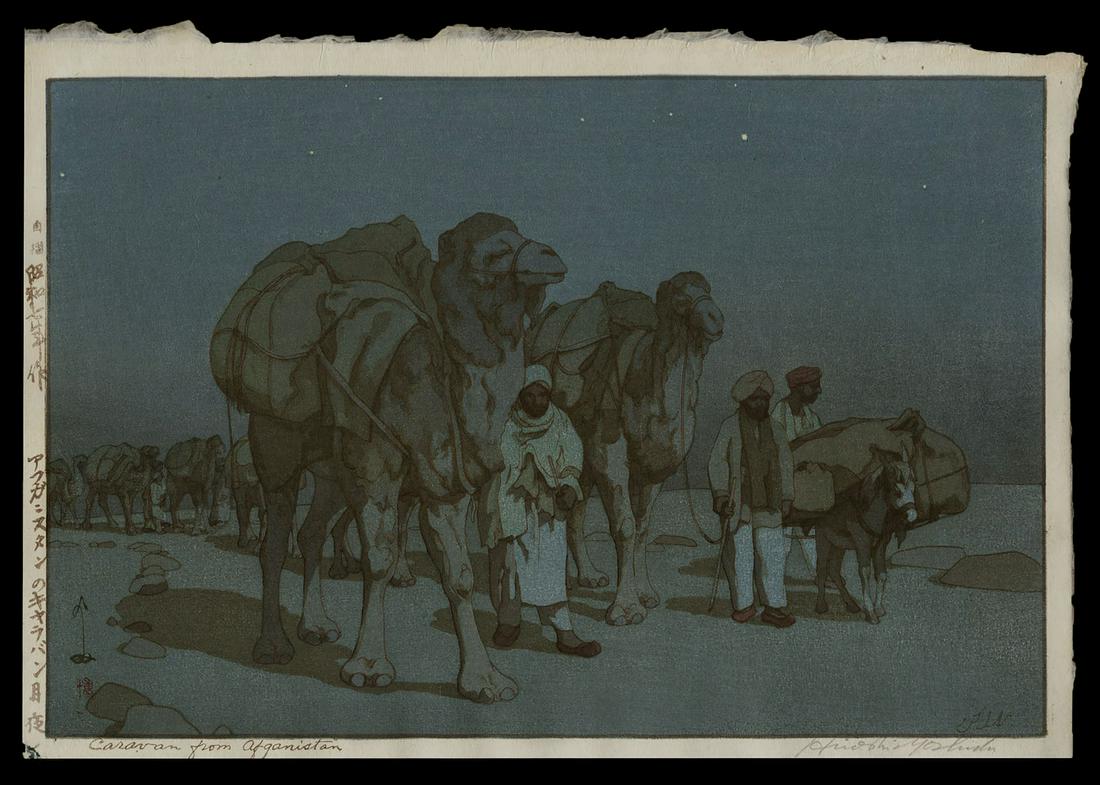 Yoshida Woodblock - Caravan from Afghanistan, Night: Artist: Yoshida, Hiroshi, 1876-1950 Title: Caravan from Afghanistan, Night Series: India and Southeast Asia Date: 1932 Medium: woodblock Image Size: 9 5/8 x 14 3/4 inch