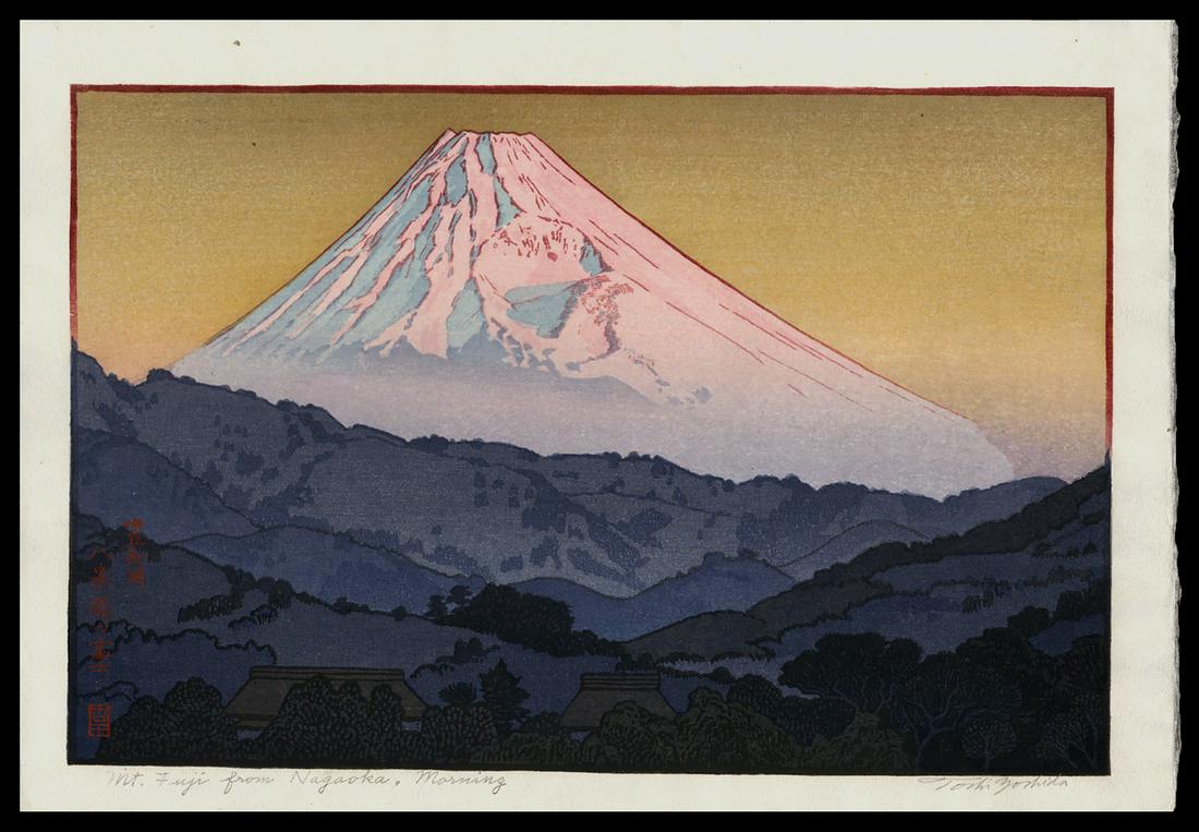 T. Yoshida Woodblock - Fuji from Nagaoka - Morning: Artist: Yoshida, Toshi, 1911-1995 Title: Mt. Fuji from Nagaoka - Morning Date: 1962 Medium: woodblock Image Size: 8 x 12 3/8 inches Notes: Pencil signature