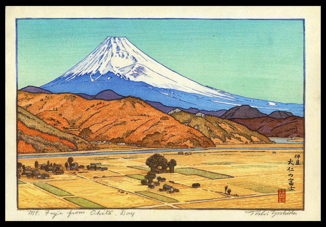 Toshi Yoshida Woodblock - Fuji from Ohito, Day: Artist: Yoshida, Toshi, 1911-1995 Title: Mt. Fuji from Ohito, Day Date: 1962 Medium: woodblock Image Size: 8 1/4 x 12 3/8 inches Notes: Pencil signature