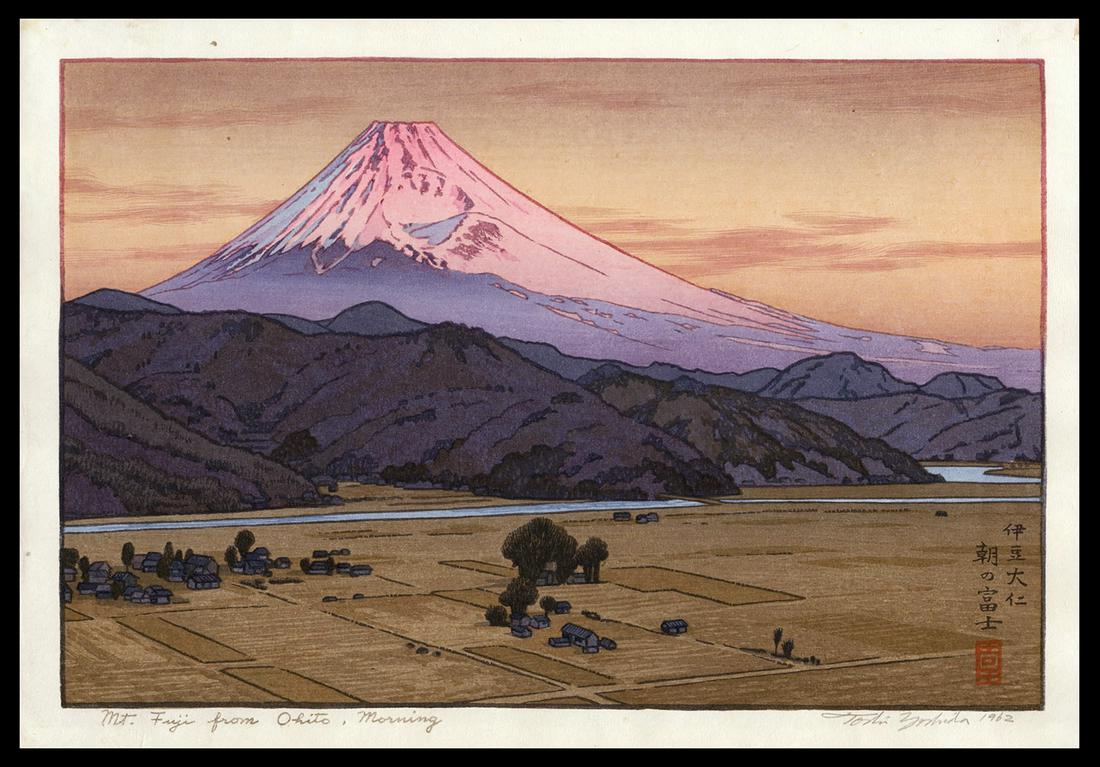 Toshi Yoshida Woodblock - Fuji from Ohito, Morning: Artist: Yoshida, Toshi, 1911-1995 Title: Mt. Fuji from Ohito, Morning Date: 1962 Medium: woodblock Image Size: 8 1/8 x 12 3/8 inches Notes: Pencil signature