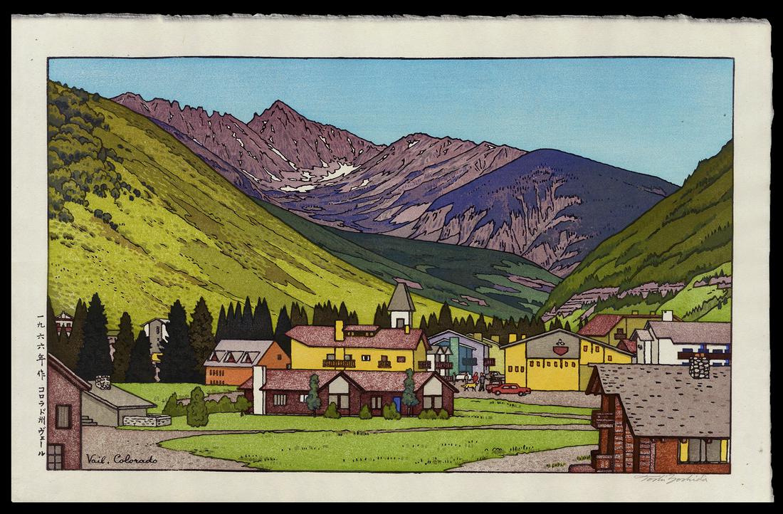 Toshi Yoshida Woodblock - Vail, Colorado: Artist: Yoshida, Toshi, 1911-1995 Title: Vail, Colorado Date: 1966 Medium: woodblock Image Size: 11 3/4 x 19 3/8 inches Notes: Pencil signature