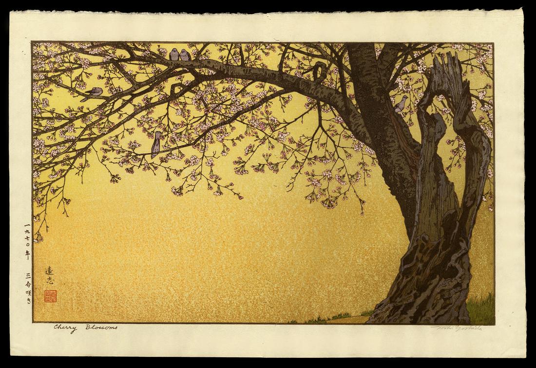 Toshi Yoshida Woodblock - Cherry Blossoms: Artist: Yoshida, Toshi, 1911-1995 Title: Cherry Blossoms Date: 1970 Medium: woodblock Image Size: 10 5/8 x 19 1/2 inches Notes: Pencil signature