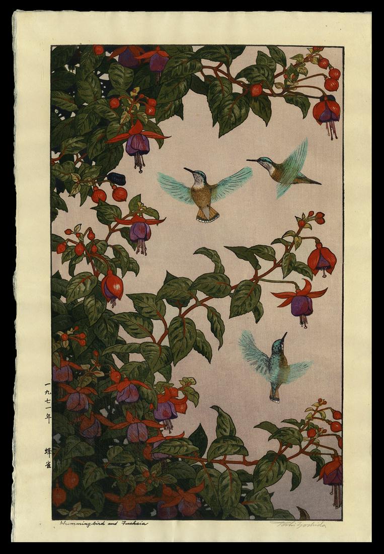 Toshi Yoshida Woodblock - Humming Bird and Fuchsia: Artist: Yoshida, Toshi, 1911-1995 Title: Humming Bird and Fuchsia Date: 1971 Medium: woodblock Image Size: 19 1/2 x 11 3/4 inches Notes: Pencil signature