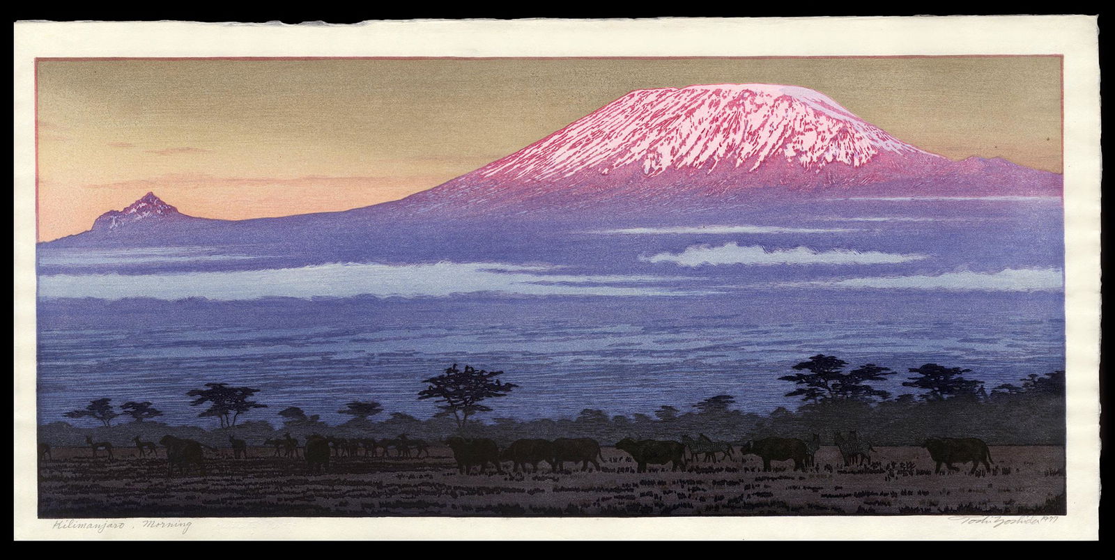 Toshi Yoshida Woodblock - Kilimanjaro - Morning: Artist: Yoshida, Toshi, 1911-1995 Title: Kilimanjaro - Morning Edition: Artist's Proof (erased) Date: 1977 Medium: woodblock Image Size: 10 3/8 x 23 1/2 inches